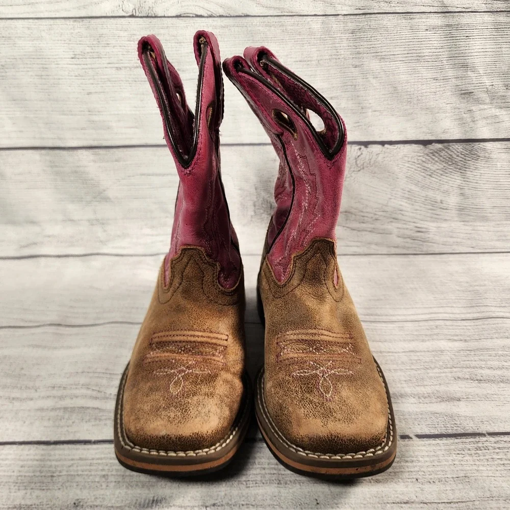 Shyanne Kids Size 12D Pink Brown Leather Western Cowgirl Boots 43920 Square Toe